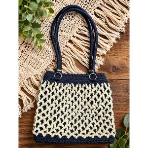 Y2K Boho Crochet Shoulder Bag Navy Cream Macrame Woven Purse Small Handbag